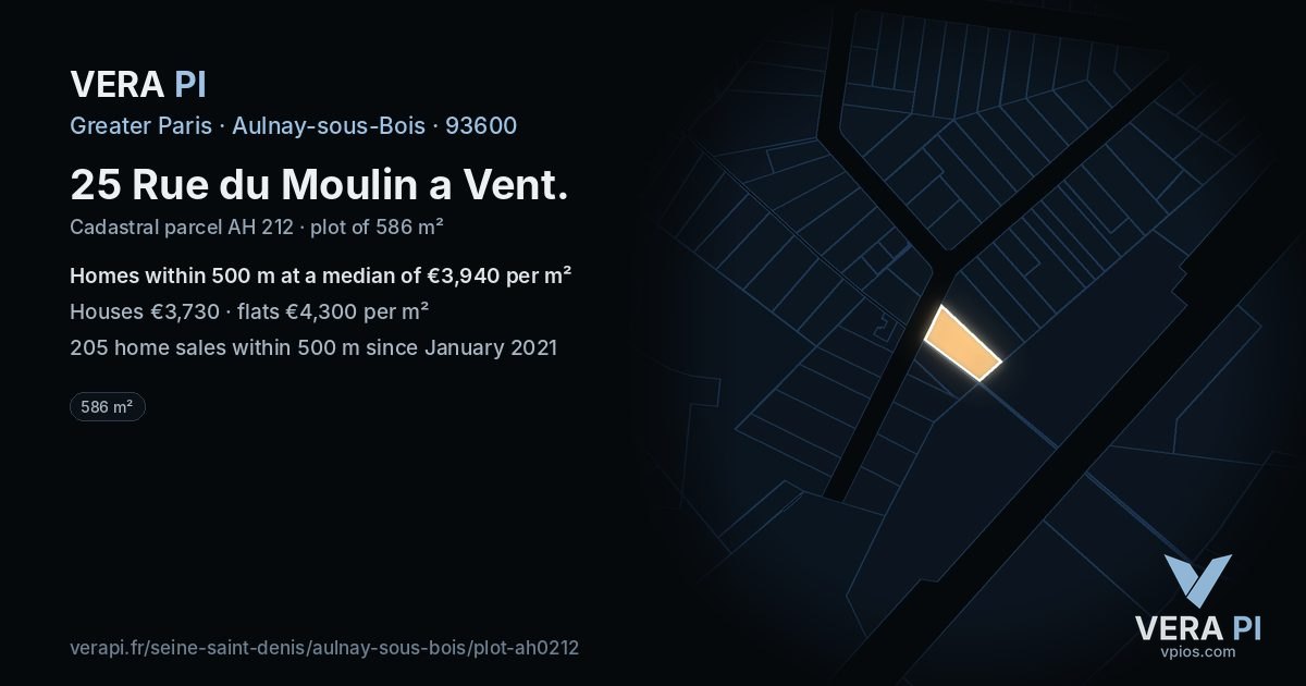 25 Rue du Moulin a Vent, Aulnay-sous-Bois at night – the plot lit, the parcels around coloured by the prices near them