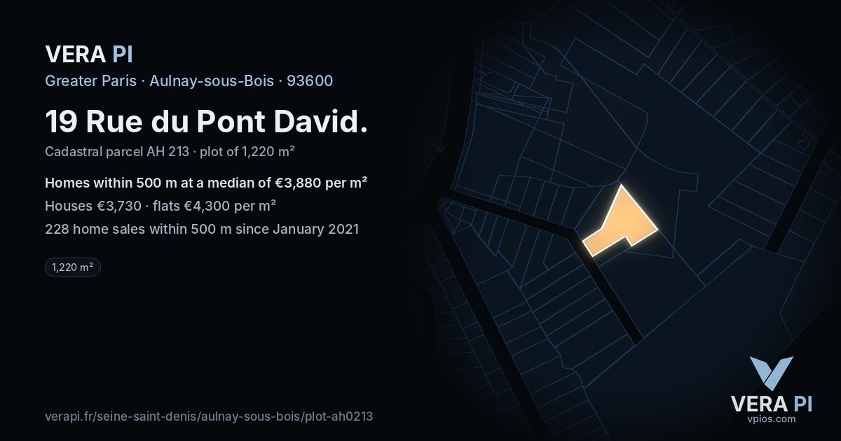 19 Rue du Pont David, Aulnay-sous-Bois at night – the plot lit, the parcels around coloured by the prices near them