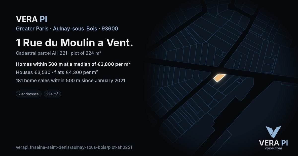 1 Rue du Moulin a Vent, Aulnay-sous-Bois at night – the plot lit, the parcels around coloured by the prices near them