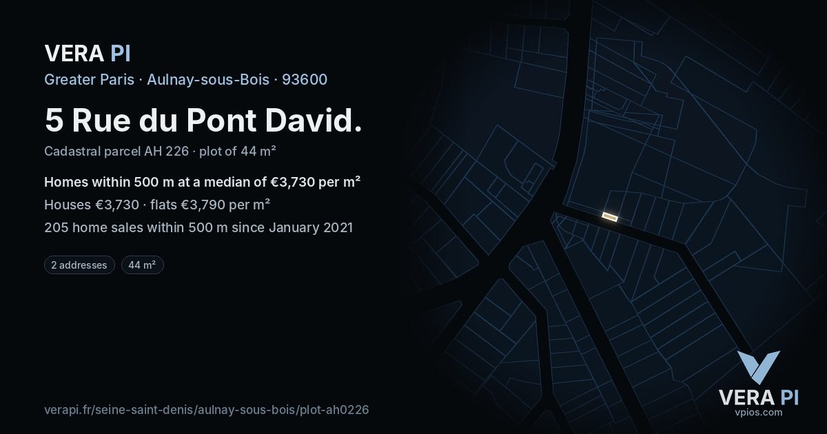 5 Rue du Pont David, Aulnay-sous-Bois at night – the plot lit, the parcels around coloured by the prices near them