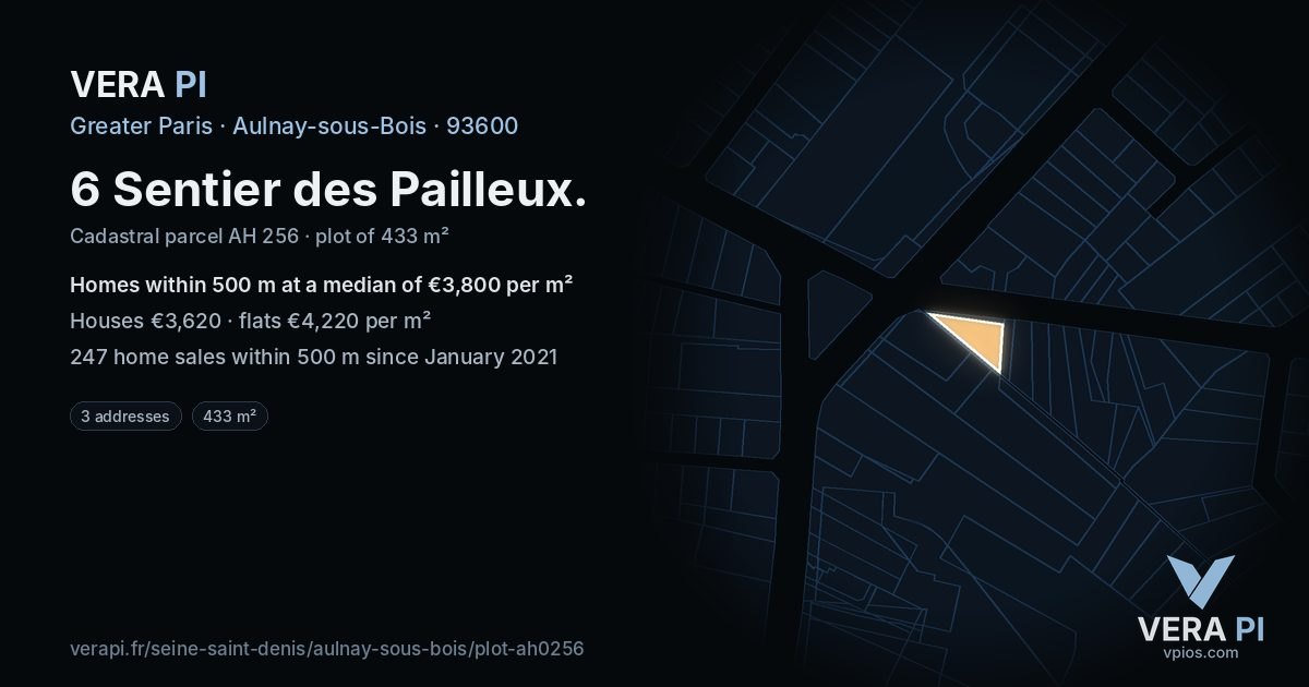 6 Sentier des Pailleux, Aulnay-sous-Bois at night – the plot lit, the parcels around coloured by the prices near them