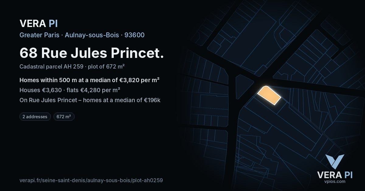 68 Rue Jules Princet, Aulnay-sous-Bois at night – the plot lit, the parcels around coloured by the prices near them
