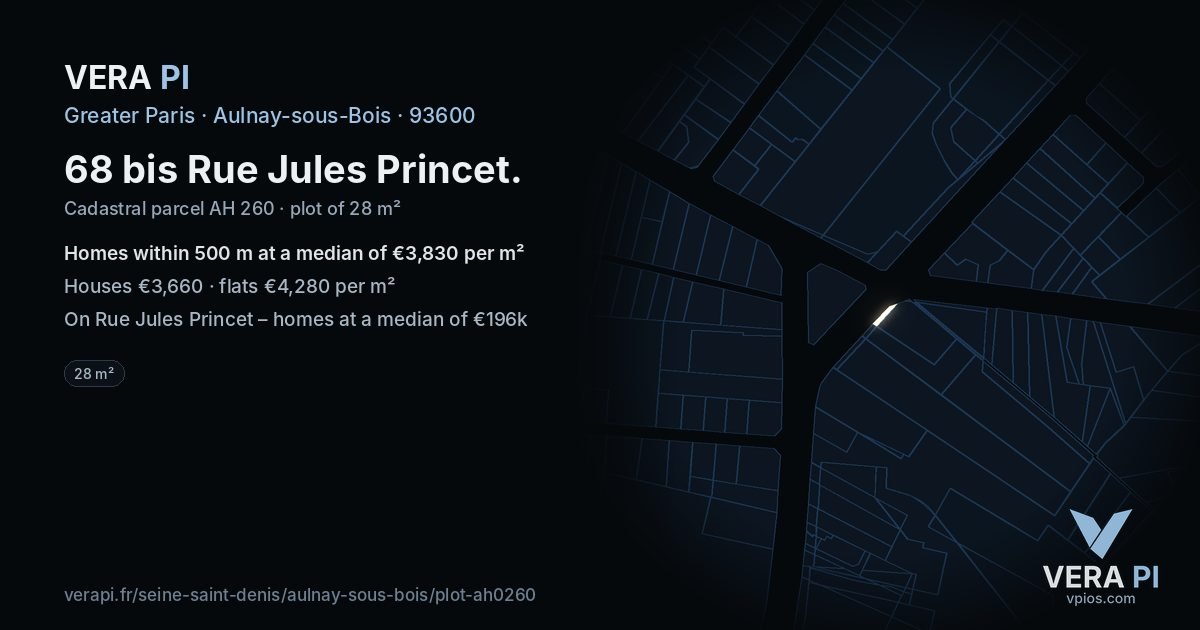 68 bis Rue Jules Princet, Aulnay-sous-Bois at night – the plot lit, the parcels around coloured by the prices near them