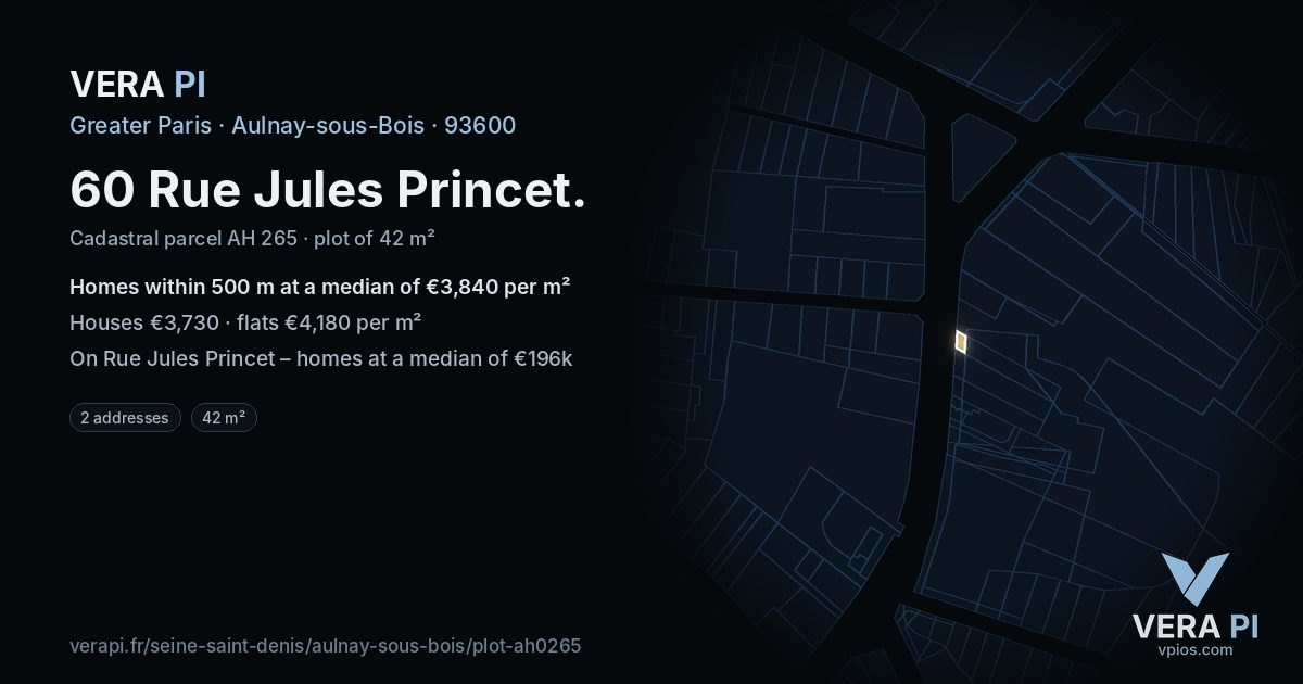 60 Rue Jules Princet, Aulnay-sous-Bois at night – the plot lit, the parcels around coloured by the prices near them