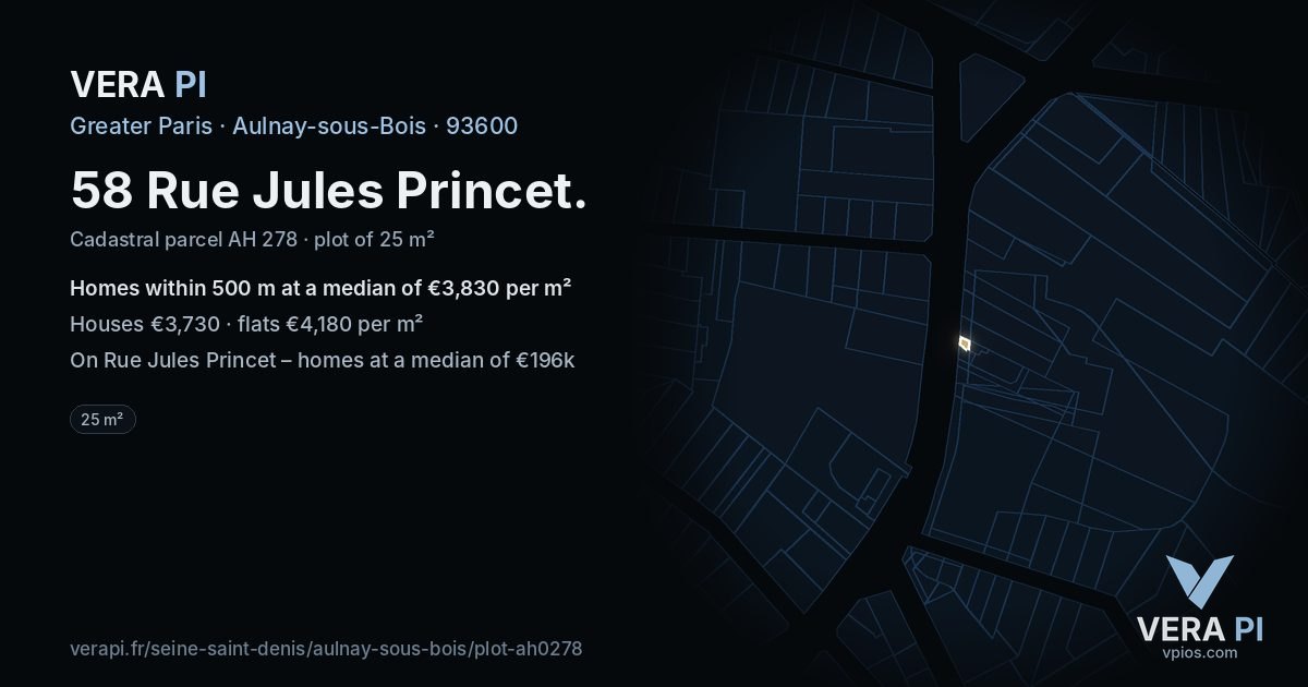 58 Rue Jules Princet, Aulnay-sous-Bois at night – the plot lit, the parcels around coloured by the prices near them