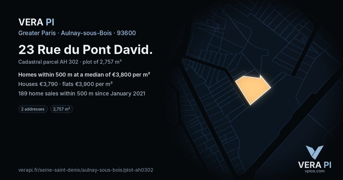23 Rue du Pont David, Aulnay-sous-Bois at night – the plot lit, the parcels around coloured by the prices near them