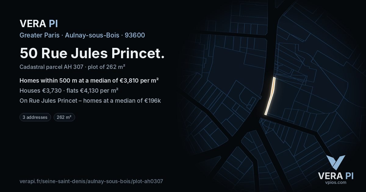 50 Rue Jules Princet, Aulnay-sous-Bois at night – the plot lit, the parcels around coloured by the prices near them