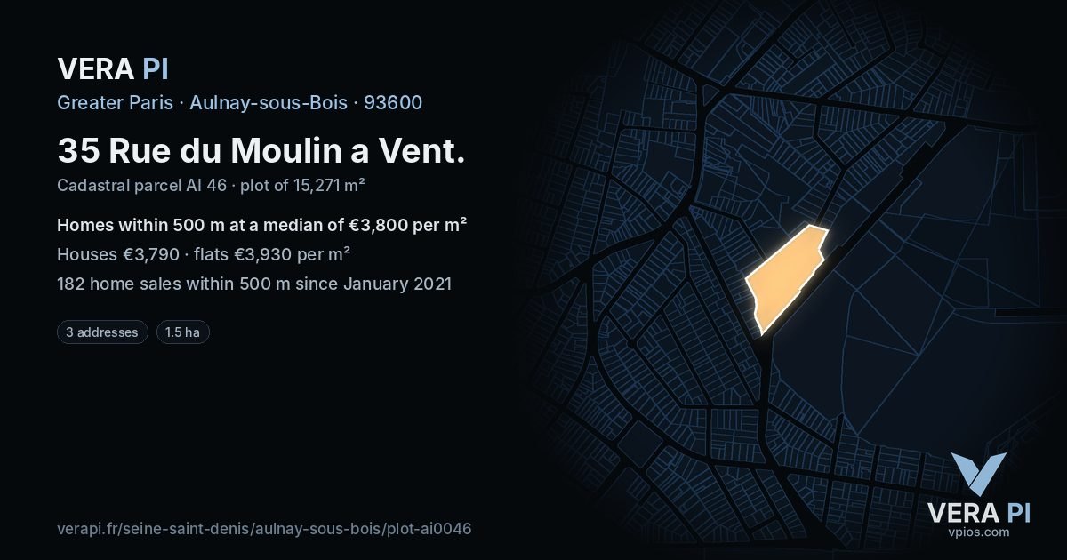 35 Rue du Moulin a Vent, Aulnay-sous-Bois at night – the plot lit, the parcels around coloured by the prices near them