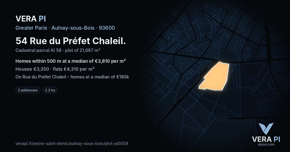 54 Rue du Préfet Chaleil, Aulnay-sous-Bois at night – the plot lit, the parcels around coloured by the prices near them