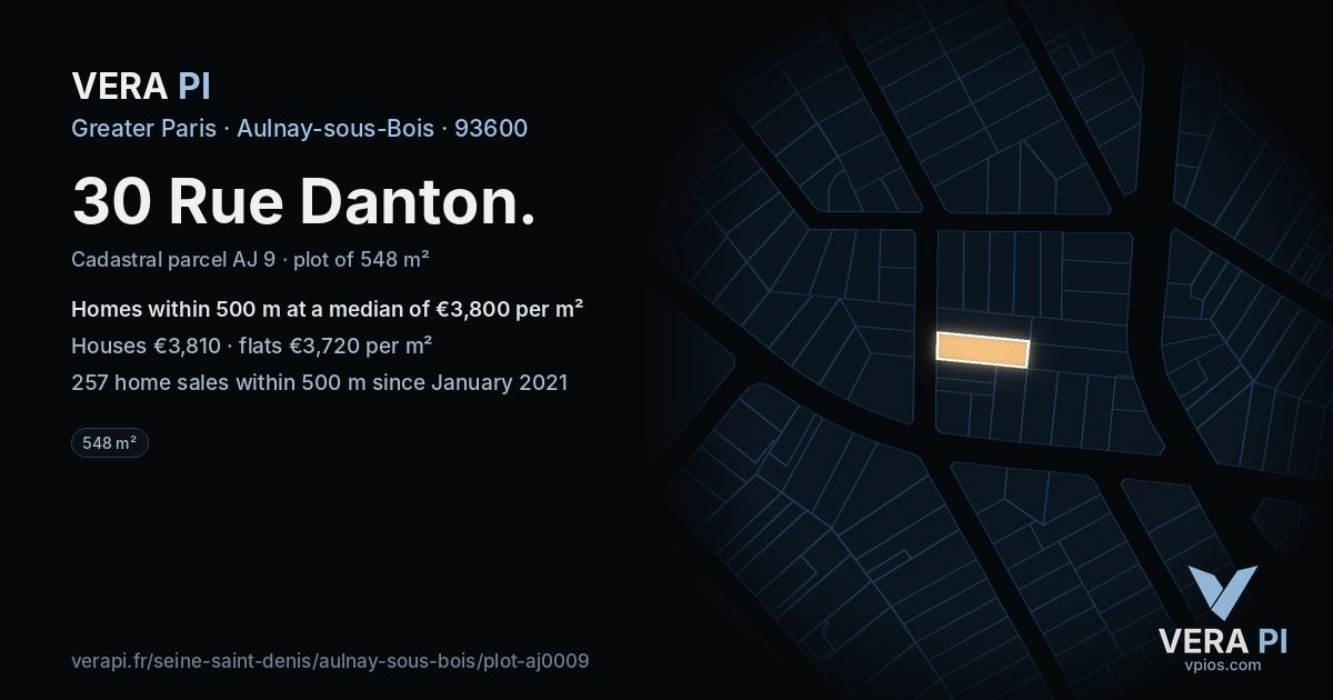 30 Rue Danton, Aulnay-sous-Bois at night – the plot lit, the parcels around coloured by the prices near them