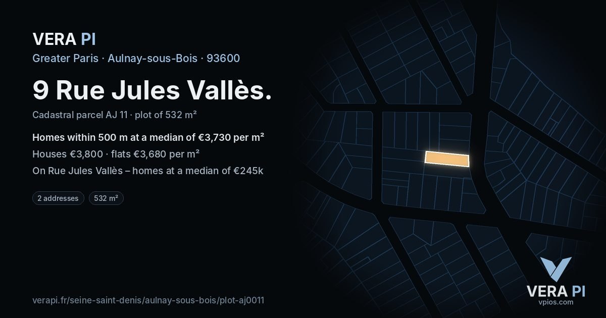 9 Rue Jules Vallès, Aulnay-sous-Bois at night – the plot lit, the parcels around coloured by the prices near them