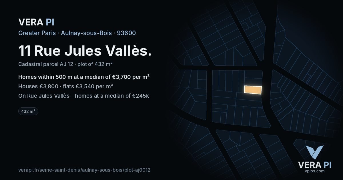 11 Rue Jules Vallès, Aulnay-sous-Bois at night – the plot lit, the parcels around coloured by the prices near them
