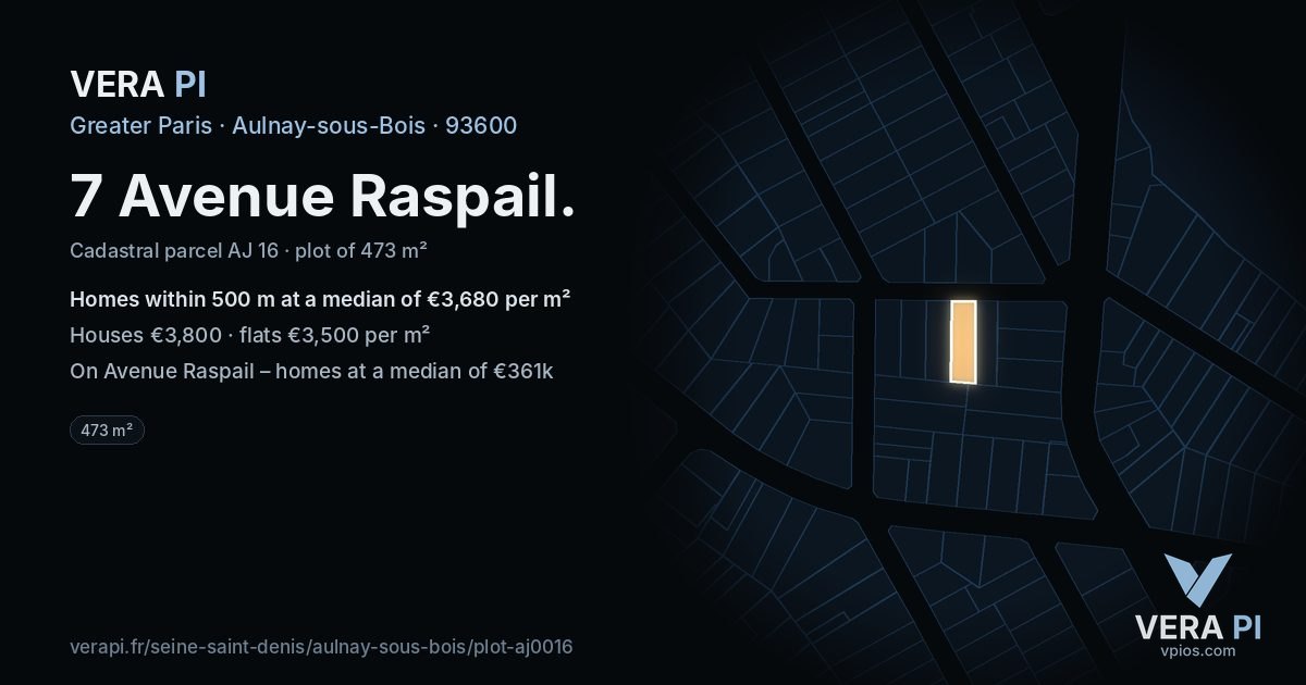 7 Avenue Raspail, Aulnay-sous-Bois at night – the plot lit, the parcels around coloured by the prices near them