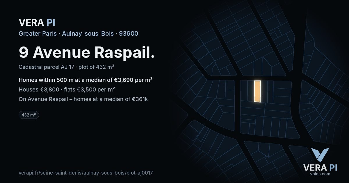 9 Avenue Raspail, Aulnay-sous-Bois at night – the plot lit, the parcels around coloured by the prices near them