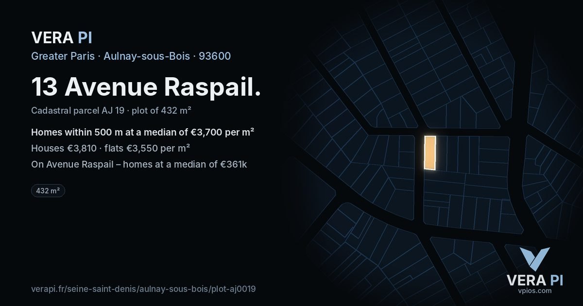 13 Avenue Raspail, Aulnay-sous-Bois at night – the plot lit, the parcels around coloured by the prices near them