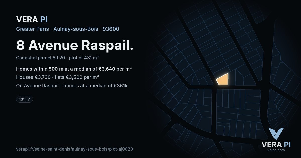 8 Avenue Raspail, Aulnay-sous-Bois at night – the plot lit, the parcels around coloured by the prices near them