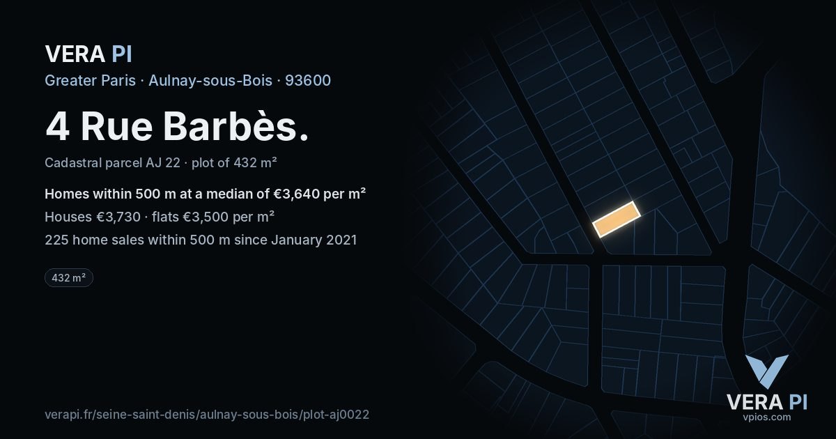 4 Rue Barbès, Aulnay-sous-Bois at night – the plot lit, the parcels around coloured by the prices near them