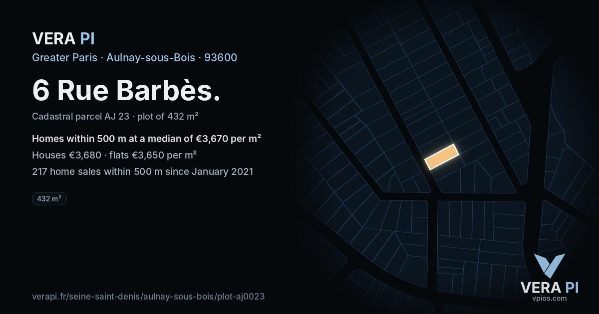 6 Rue Barbès, Aulnay-sous-Bois at night – the plot lit, the parcels around coloured by the prices near them