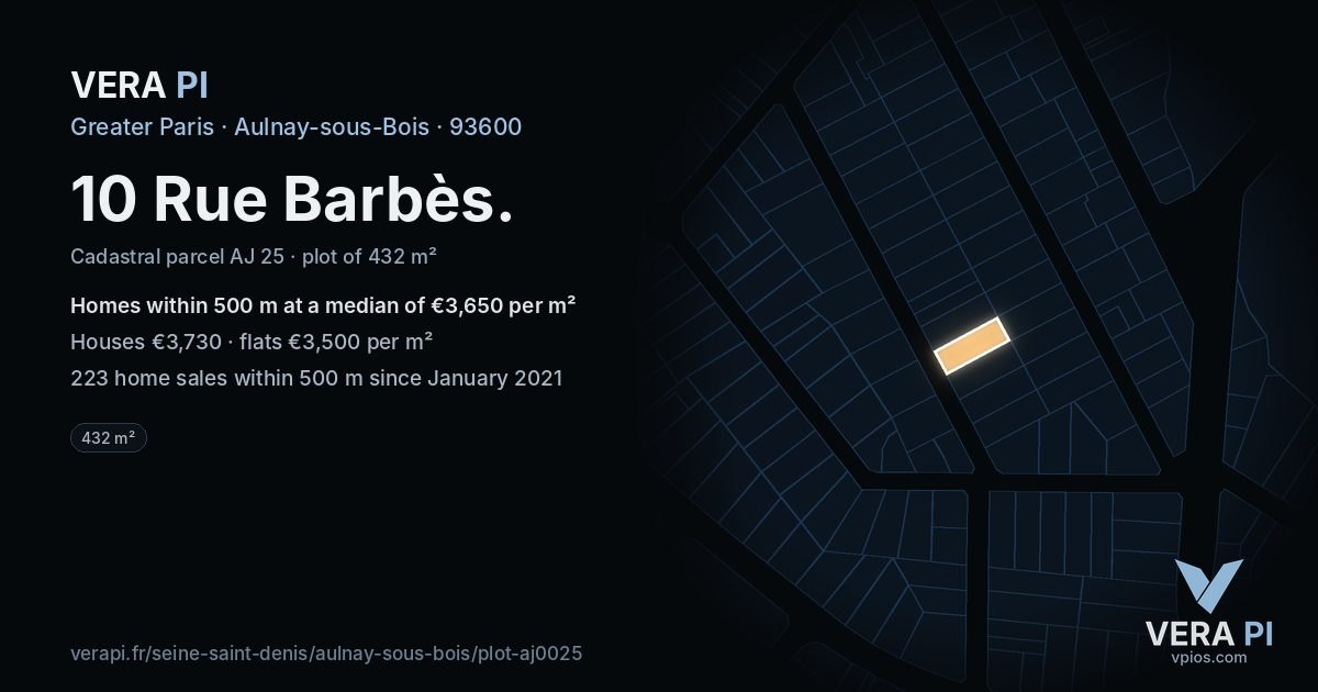 10 Rue Barbès, Aulnay-sous-Bois at night – the plot lit, the parcels around coloured by the prices near them