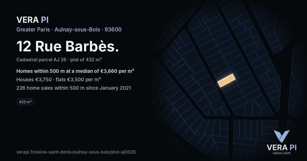 12 Rue Barbès, Aulnay-sous-Bois at night – the plot lit, the parcels around coloured by the prices near them