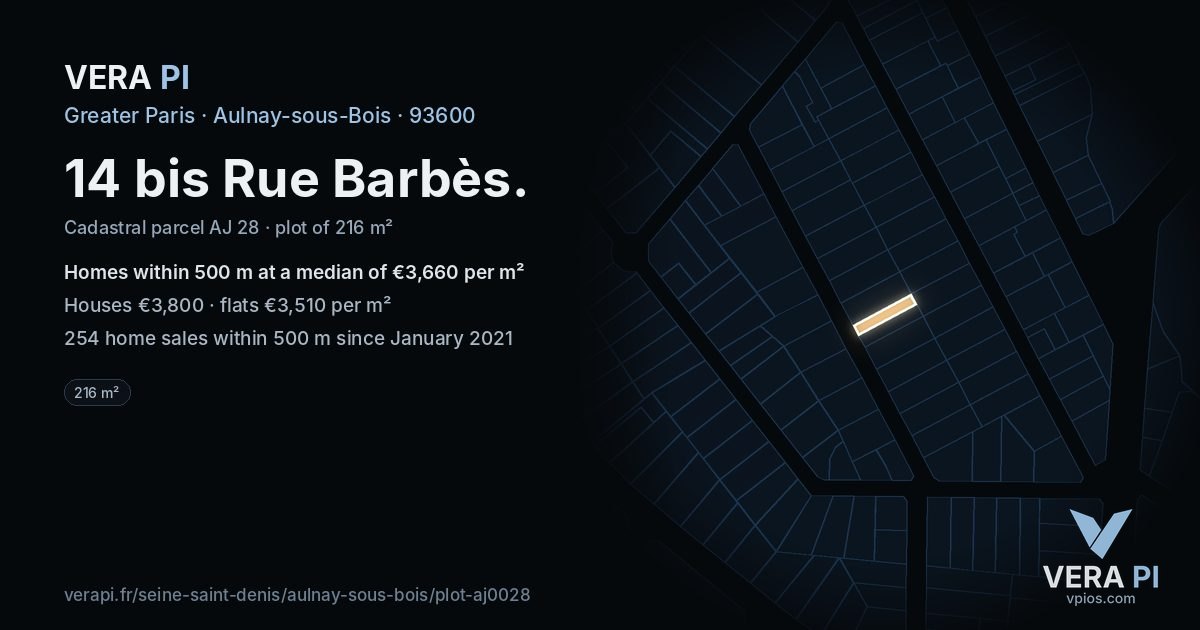14 bis Rue Barbès, Aulnay-sous-Bois at night – the plot lit, the parcels around coloured by the prices near them