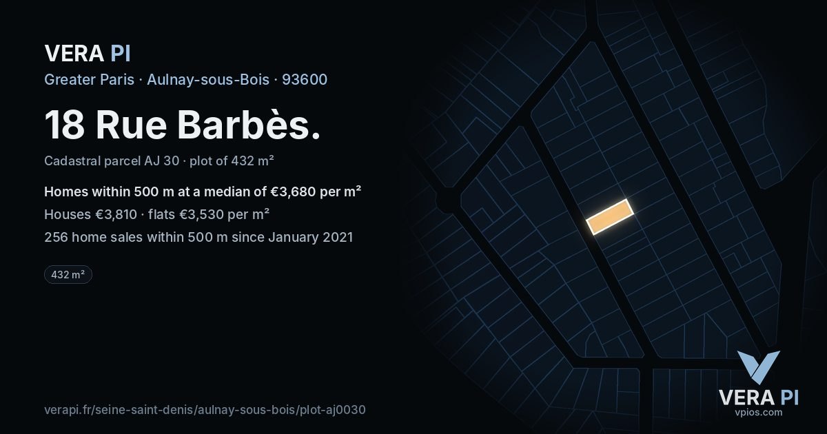 18 Rue Barbès, Aulnay-sous-Bois at night – the plot lit, the parcels around coloured by the prices near them