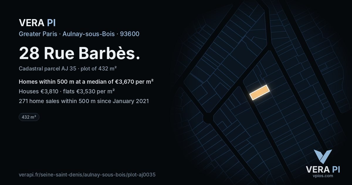 28 Rue Barbès, Aulnay-sous-Bois at night – the plot lit, the parcels around coloured by the prices near them