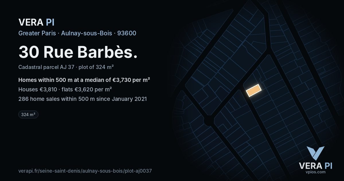 30 Rue Barbès, Aulnay-sous-Bois at night – the plot lit, the parcels around coloured by the prices near them