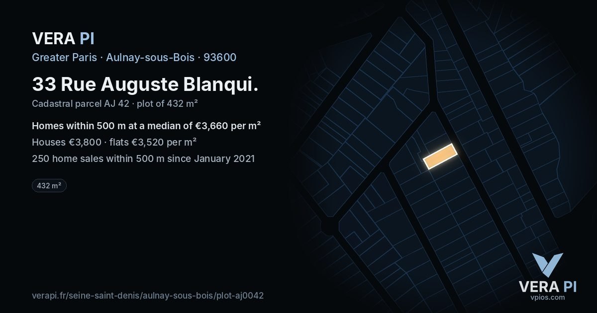 33 Rue Auguste Blanqui, Aulnay-sous-Bois at night – the plot lit, the parcels around coloured by the prices near them