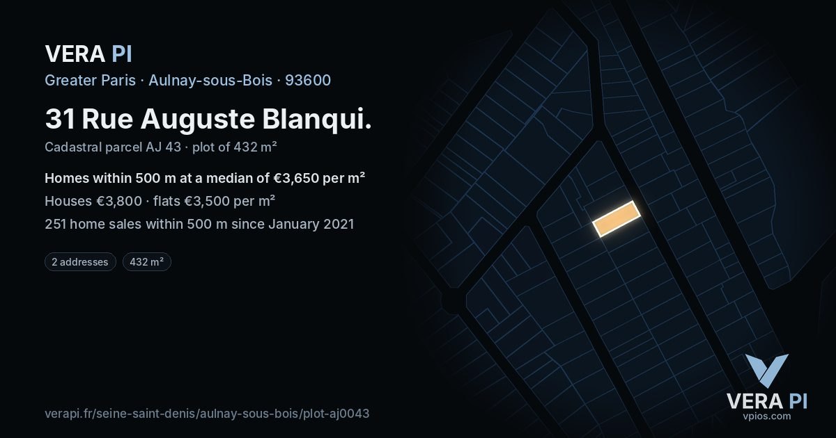 31 Rue Auguste Blanqui, Aulnay-sous-Bois at night – the plot lit, the parcels around coloured by the prices near them