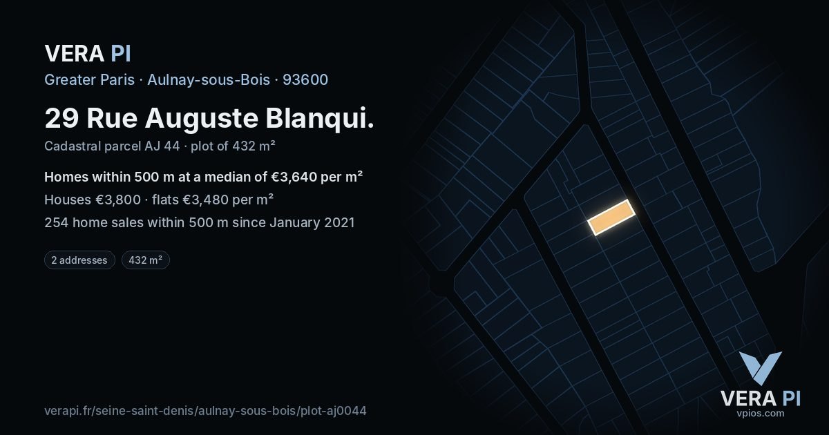 29 Rue Auguste Blanqui, Aulnay-sous-Bois at night – the plot lit, the parcels around coloured by the prices near them