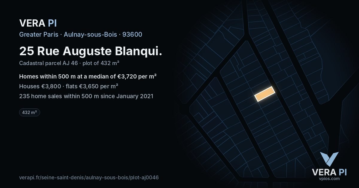 25 Rue Auguste Blanqui, Aulnay-sous-Bois at night – the plot lit, the parcels around coloured by the prices near them