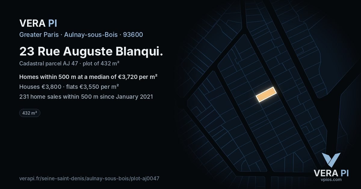 23 Rue Auguste Blanqui, Aulnay-sous-Bois at night – the plot lit, the parcels around coloured by the prices near them