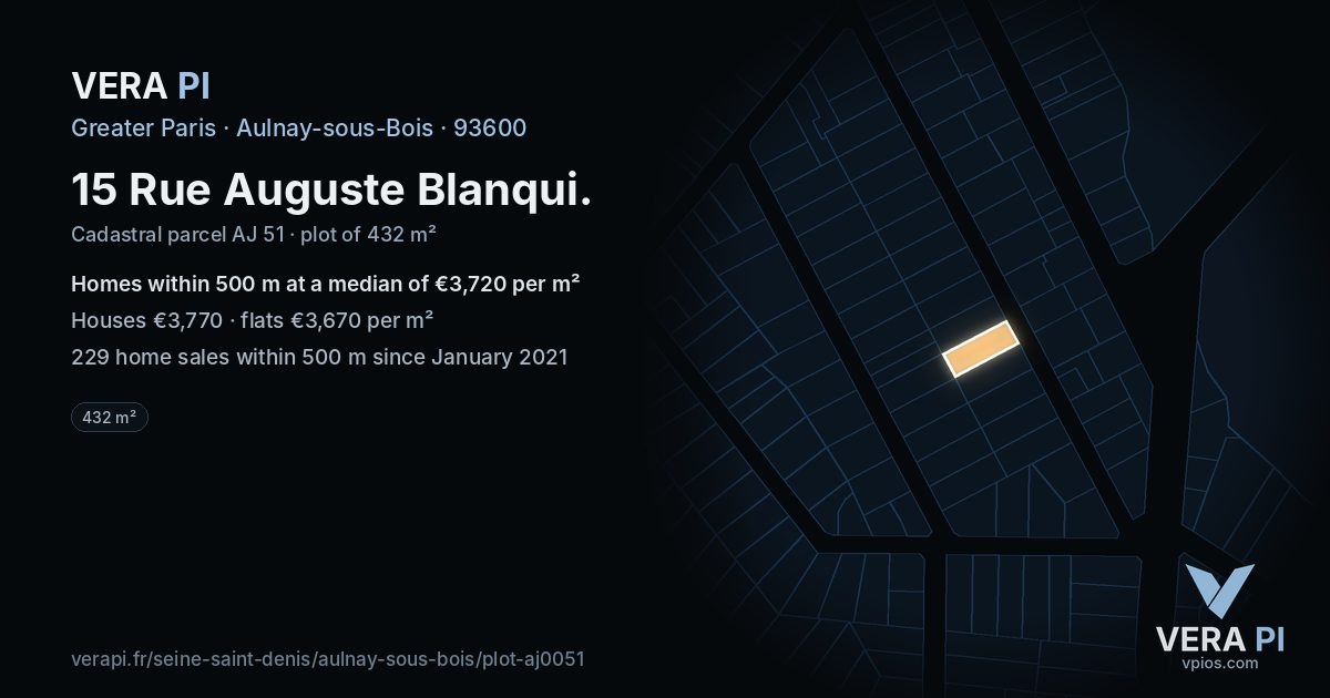 15 Rue Auguste Blanqui, Aulnay-sous-Bois at night – the plot lit, the parcels around coloured by the prices near them