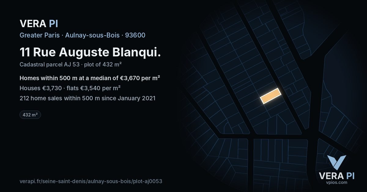11 Rue Auguste Blanqui, Aulnay-sous-Bois at night – the plot lit, the parcels around coloured by the prices near them