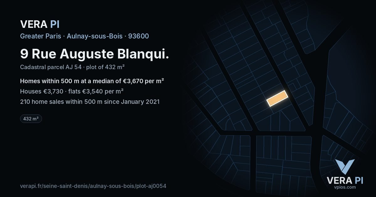 9 Rue Auguste Blanqui, Aulnay-sous-Bois at night – the plot lit, the parcels around coloured by the prices near them