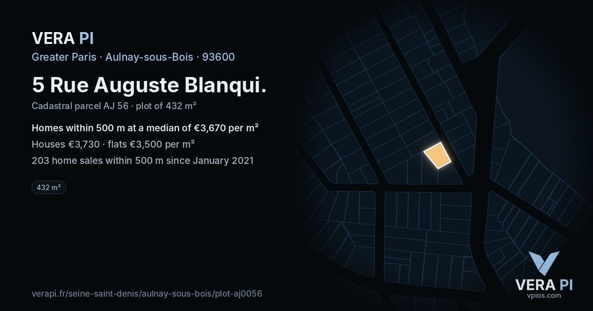 5 Rue Auguste Blanqui, Aulnay-sous-Bois at night – the plot lit, the parcels around coloured by the prices near them