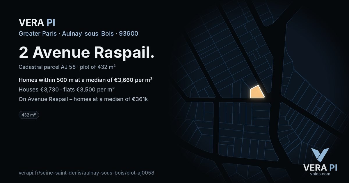 2 Avenue Raspail, Aulnay-sous-Bois at night – the plot lit, the parcels around coloured by the prices near them