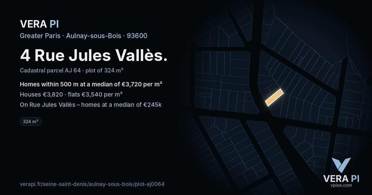 4 Rue Jules Vallès, Aulnay-sous-Bois at night – the plot lit, the parcels around coloured by the prices near them