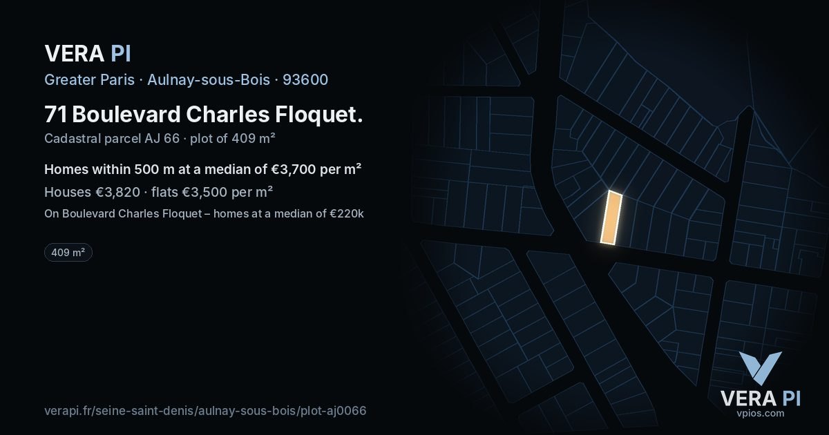 71 Boulevard Charles Floquet, Aulnay-sous-Bois at night – the plot lit, the parcels around coloured by the prices near them