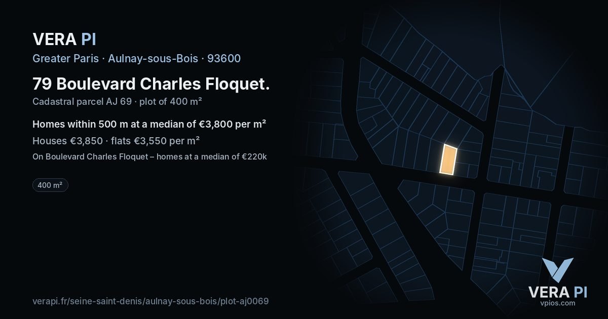 79 Boulevard Charles Floquet, Aulnay-sous-Bois at night – the plot lit, the parcels around coloured by the prices near them