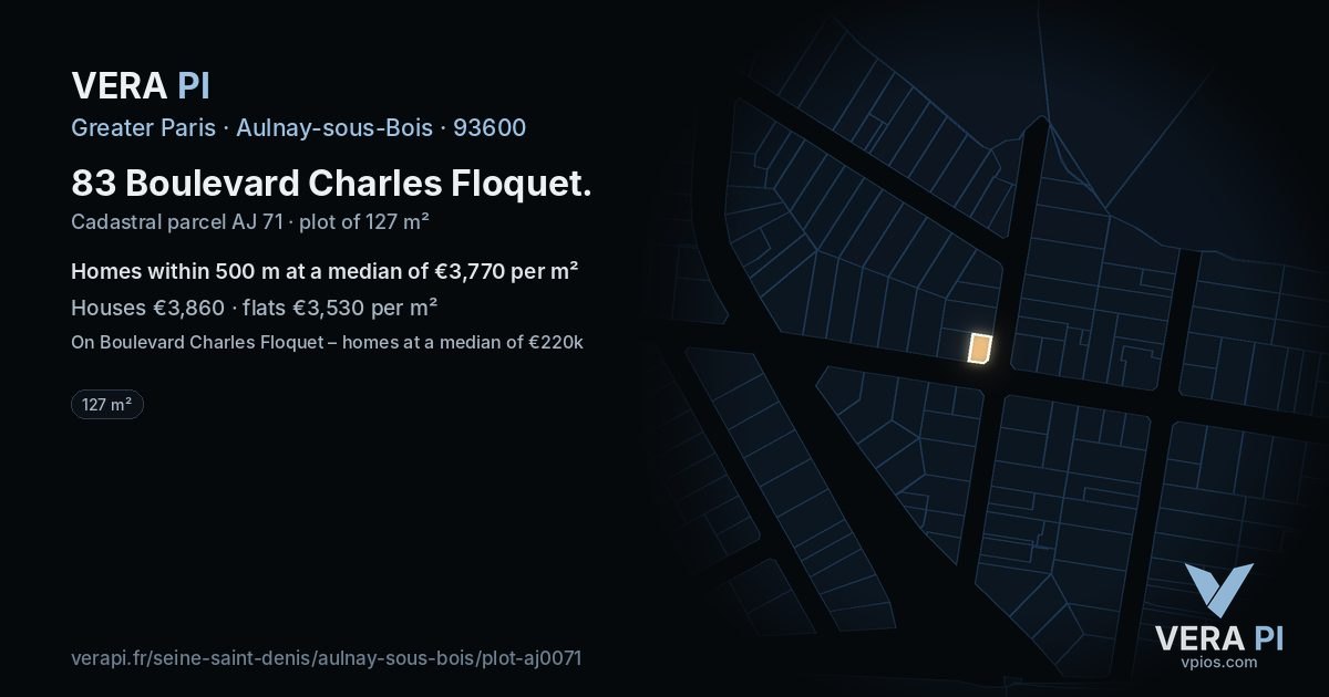 83 Boulevard Charles Floquet, Aulnay-sous-Bois at night – the plot lit, the parcels around coloured by the prices near them