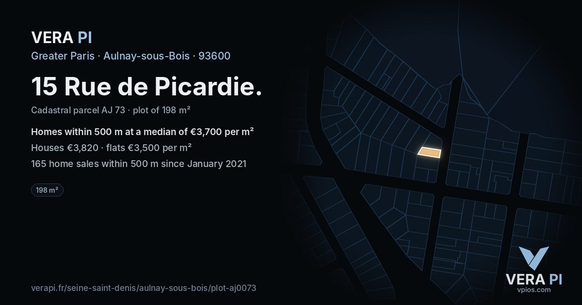 15 Rue de Picardie, Aulnay-sous-Bois at night – the plot lit, the parcels around coloured by the prices near them