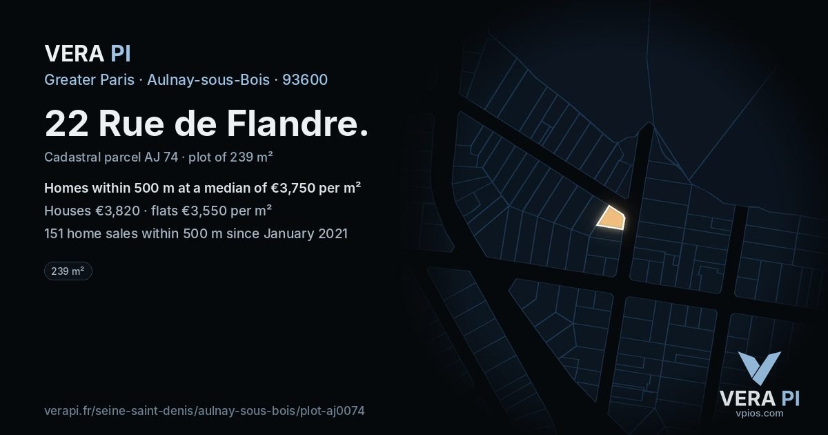 22 Rue de Flandre, Aulnay-sous-Bois at night – the plot lit, the parcels around coloured by the prices near them