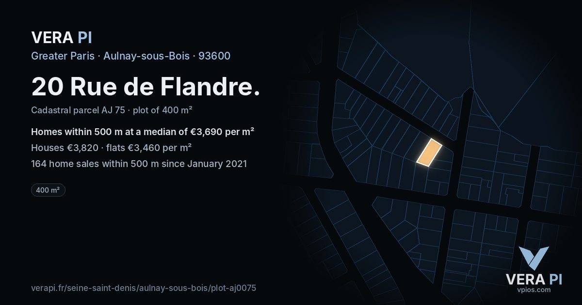 20 Rue de Flandre, Aulnay-sous-Bois at night – the plot lit, the parcels around coloured by the prices near them