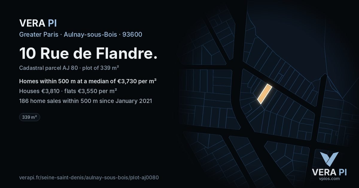 10 Rue de Flandre, Aulnay-sous-Bois at night – the plot lit, the parcels around coloured by the prices near them
