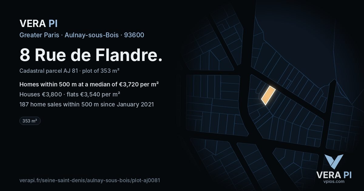 8 Rue de Flandre, Aulnay-sous-Bois at night – the plot lit, the parcels around coloured by the prices near them