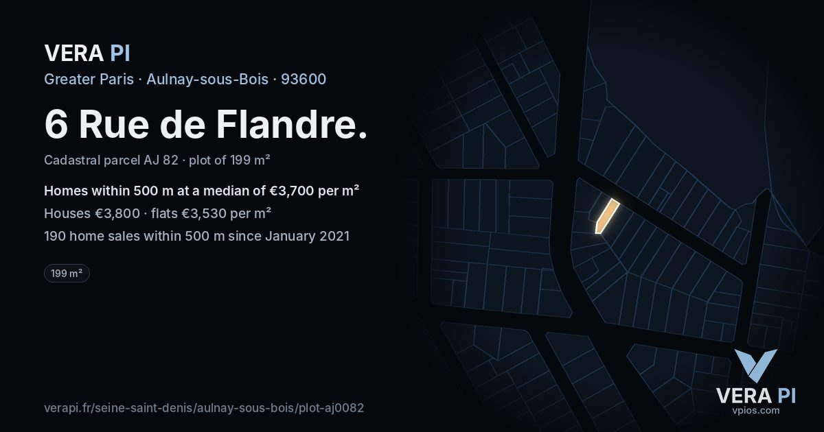 6 Rue de Flandre, Aulnay-sous-Bois at night – the plot lit, the parcels around coloured by the prices near them