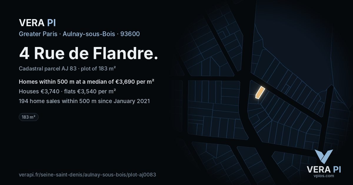4 Rue de Flandre, Aulnay-sous-Bois at night – the plot lit, the parcels around coloured by the prices near them