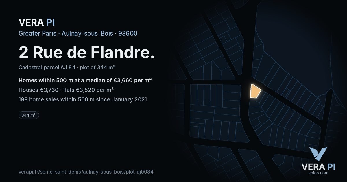 2 Rue de Flandre, Aulnay-sous-Bois at night – the plot lit, the parcels around coloured by the prices near them